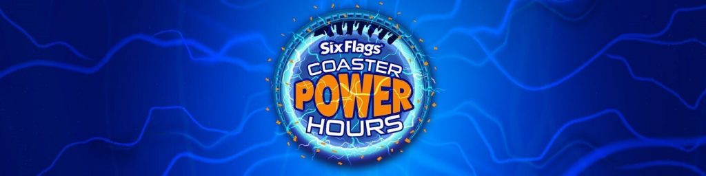 Six Flags Coaster Power Hours Logo in front of lightning background