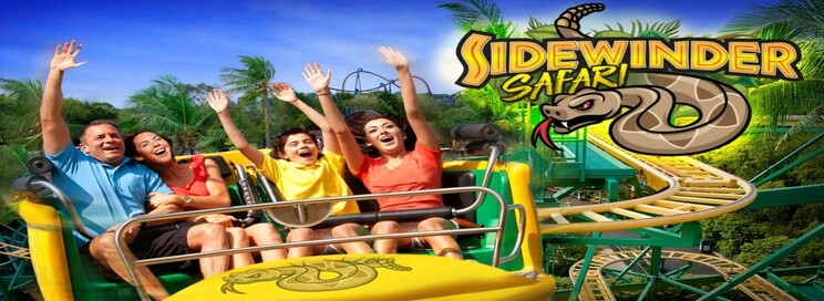 Family riding on the sidewinder rollercoaster together with the Sidewinder snake logo next to them