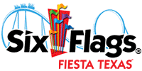 Six Flags Fiesta Texas logo with animated blue roller coaster looping in the background