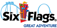 Six Flags Great Adventure logo with animated blue roller coaster looping in the background