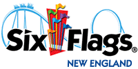 Six Flags New England logo with coaster in motion